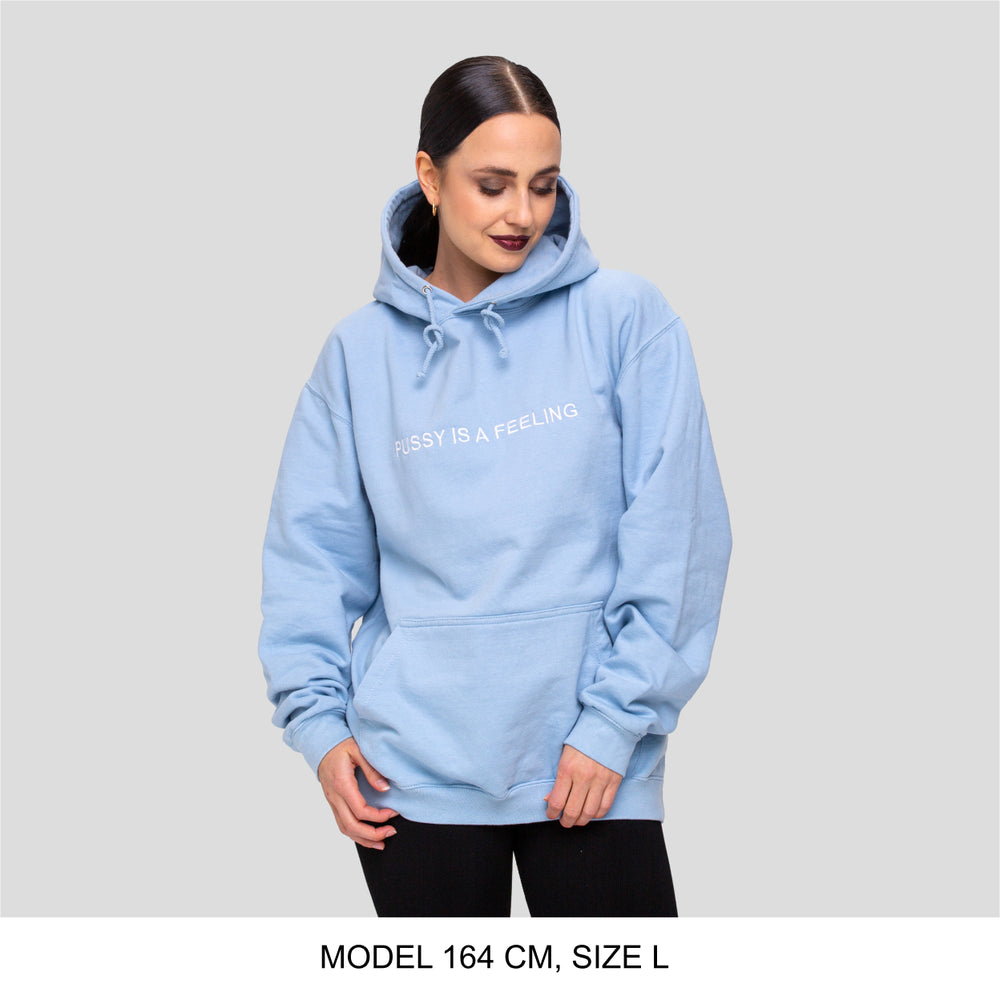 Baby blue hoodie with white PUSSY IS A FEELING embroidery designed by Identities Brand.