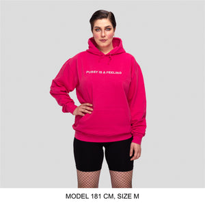 Hot pink hoodie with silver PUSSY IS A FEELING embroidery designed by Identities Brand.