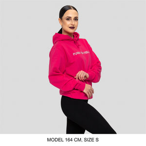 Hot pink hoodie with silver PUSSY IS A FEELING embroidery designed by Identities Brand.