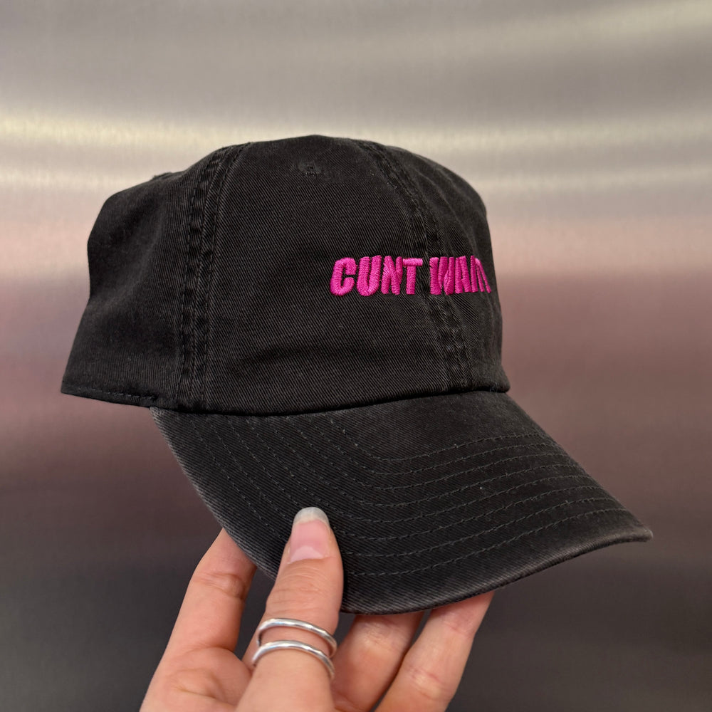 CUNT WAIT WASHED BLACK CAP WITH MAGENTA SIGN