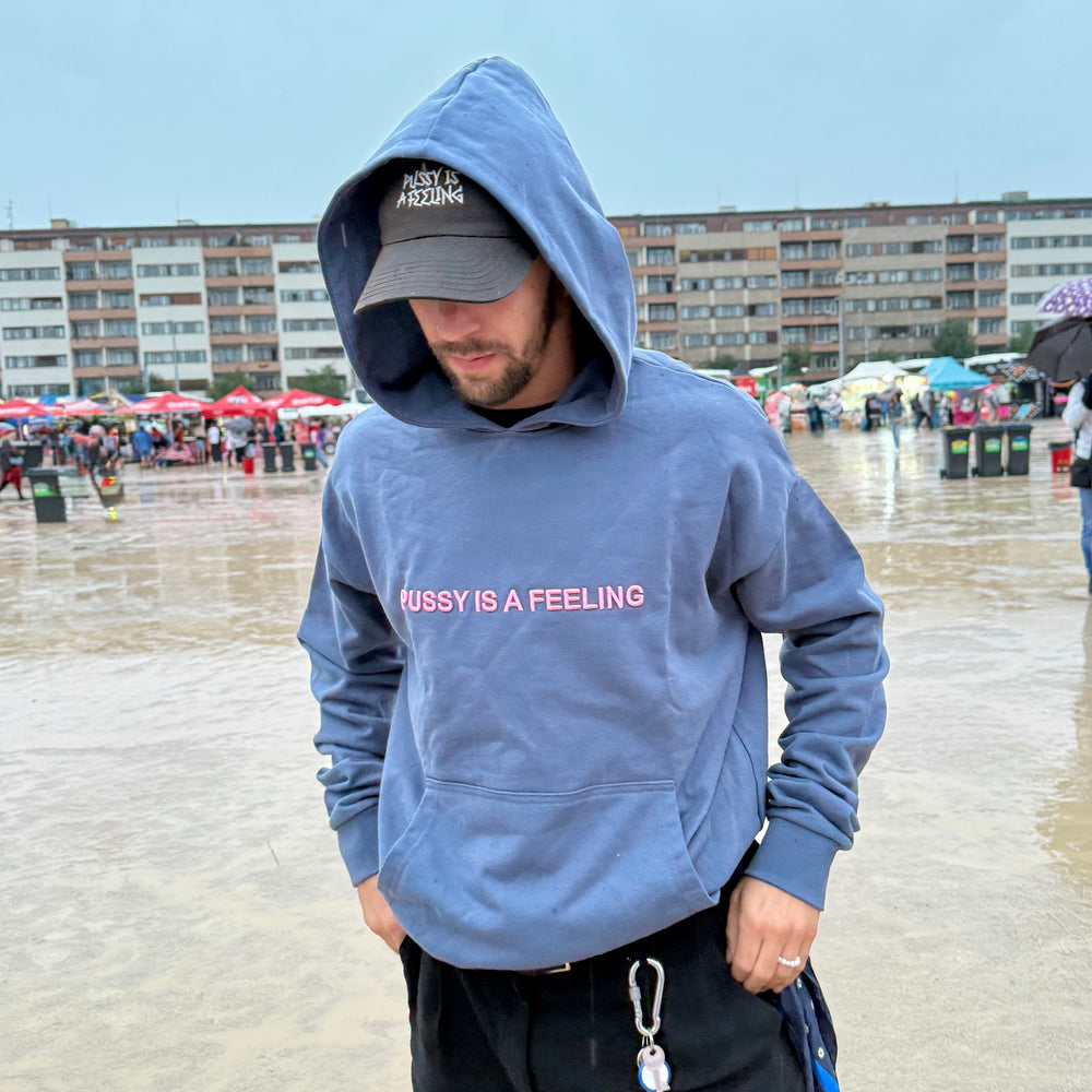 PUSSY IS A FEELING Heavyweight Hoodie in Vintage Blue with Pink