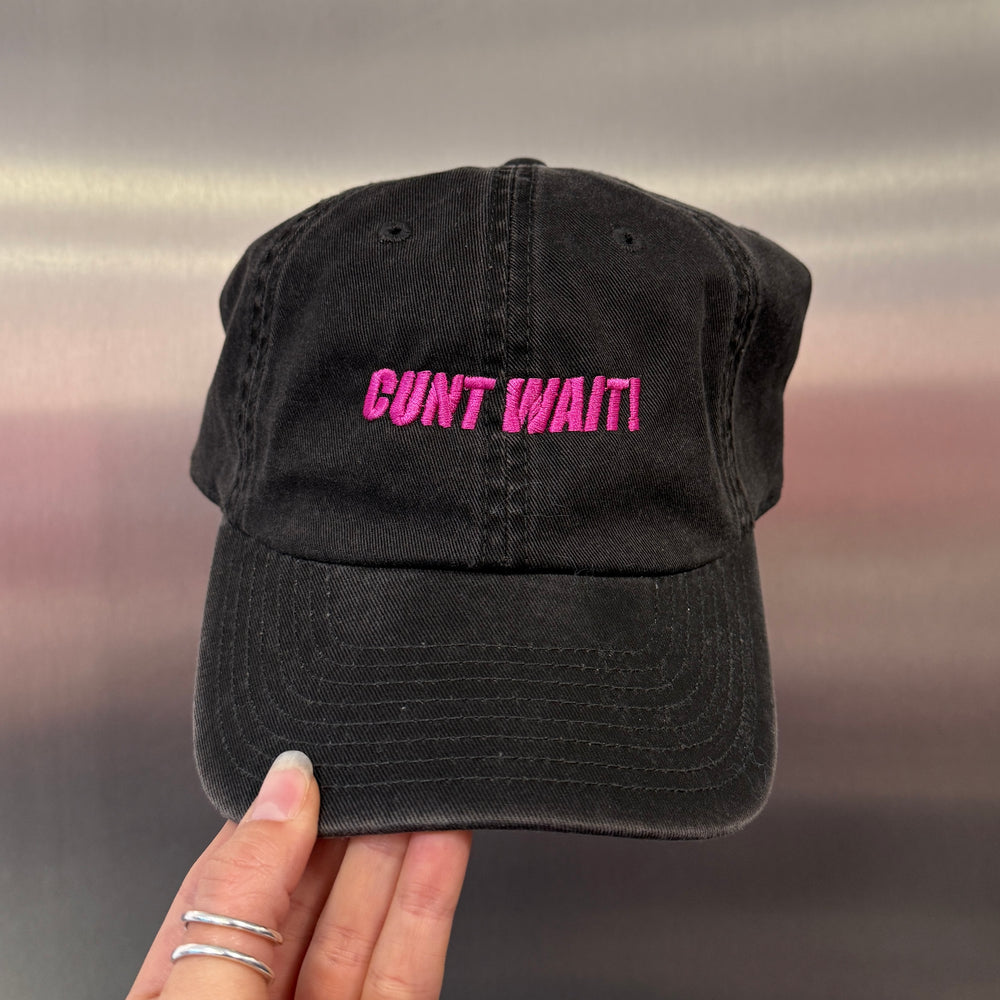 CUNT WAIT WASHED BLACK CAP WITH MAGENTA SIGN
