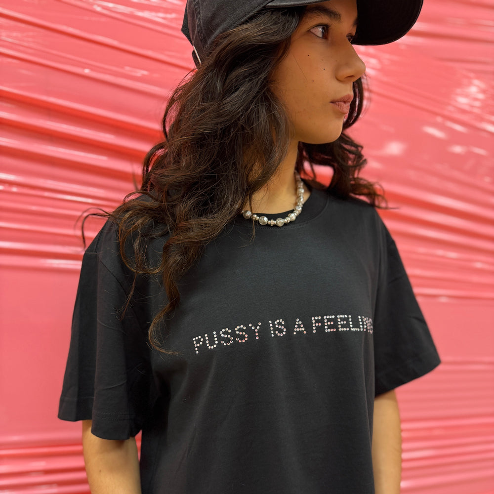 PUSSY IS A FEELING CROP TOP T-SHIRT WITH RHINESTONES