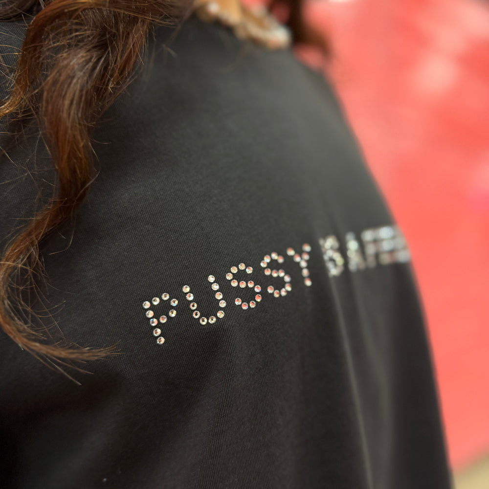 PUSSY IS A FEELING CROP TOP T-SHIRT WITH RHINESTONES