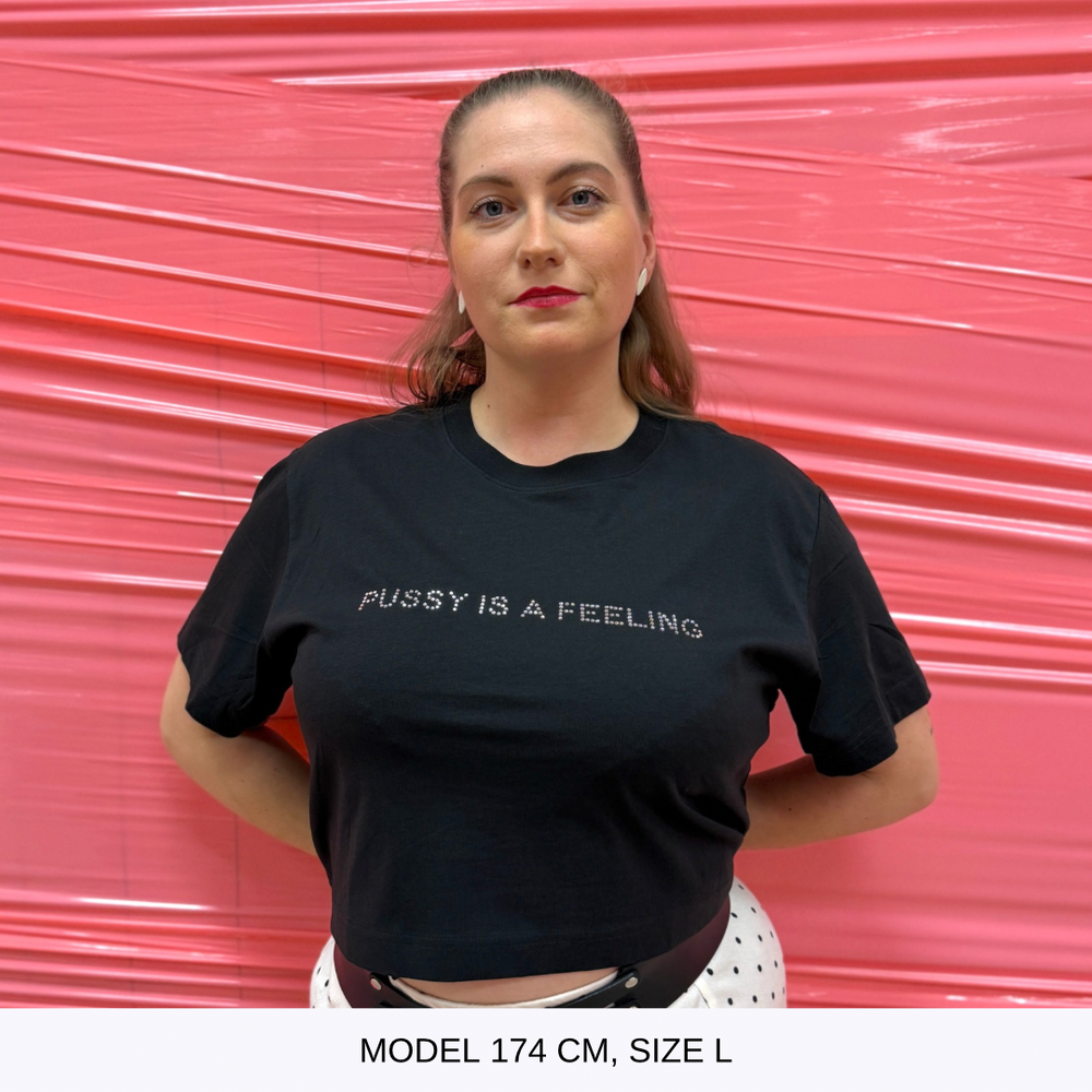PUSSY IS A FEELING CROP TOP T-SHIRT WITH RHINESTONES