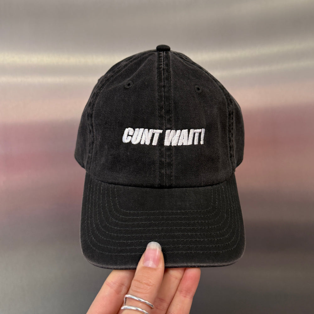 CUNT WAIT WASHED BLACK CAP WITH WHITE SIGN