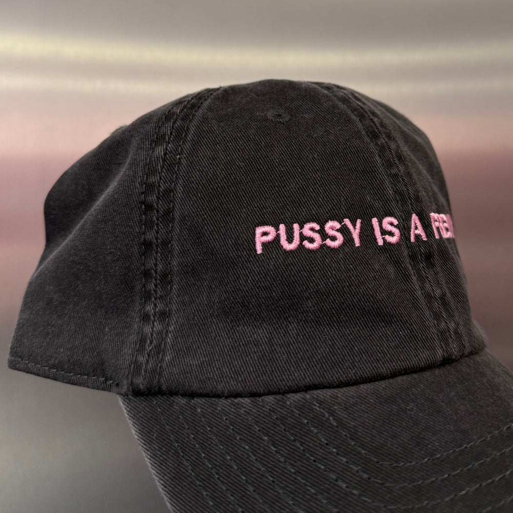 PUSSY IS A FEELING šiltovka v sivej "vypranej" farbe s bledoružovým nápisom