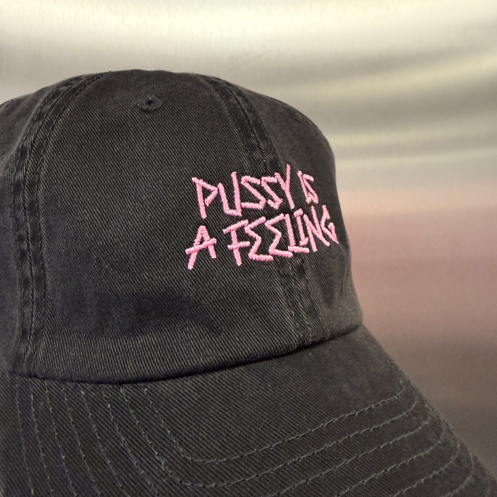 PUSSY IS A FEELING x MISHA šiltovka v sivej farbe s ružovým nápisom