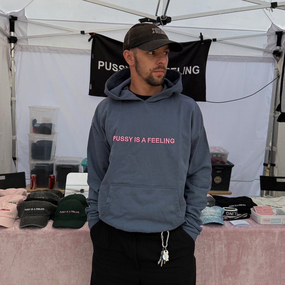 PUSSY IS A FEELING Heavyweight Hoodie in Vintage Blue with Pink