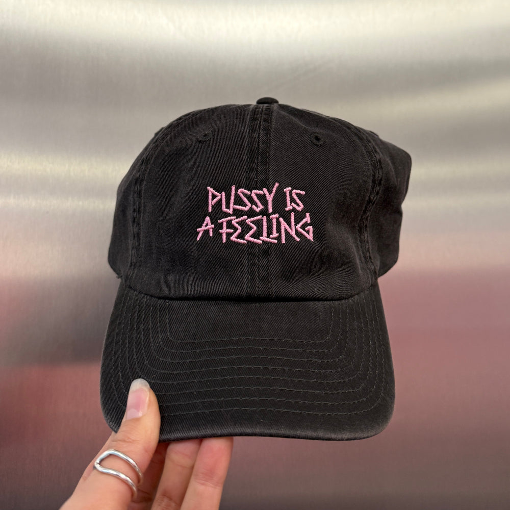 PUSSY IS A FEELING x MISHA šiltovka v sivej farbe s ružovým nápisom