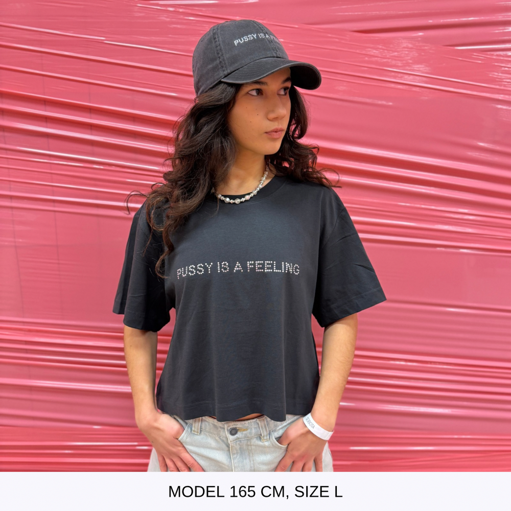 PUSSY IS A FEELING CROP TOP T-SHIRT WITH RHINESTONES