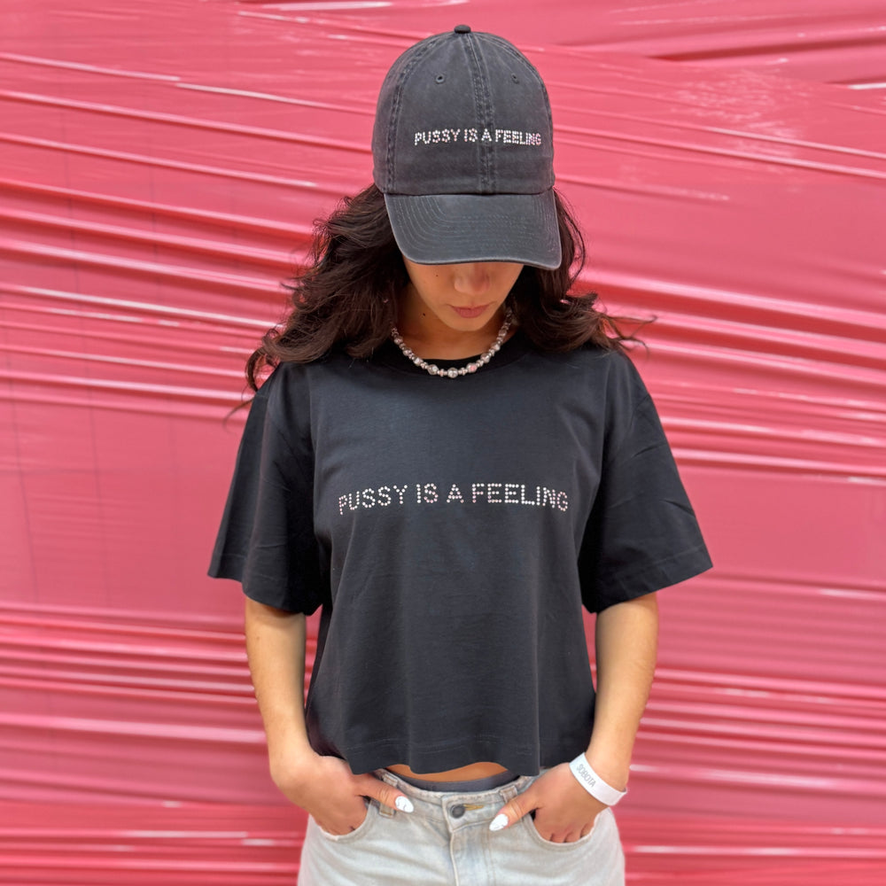 PUSSY IS A FEELING CROP TOP T-SHIRT WITH RHINESTONES