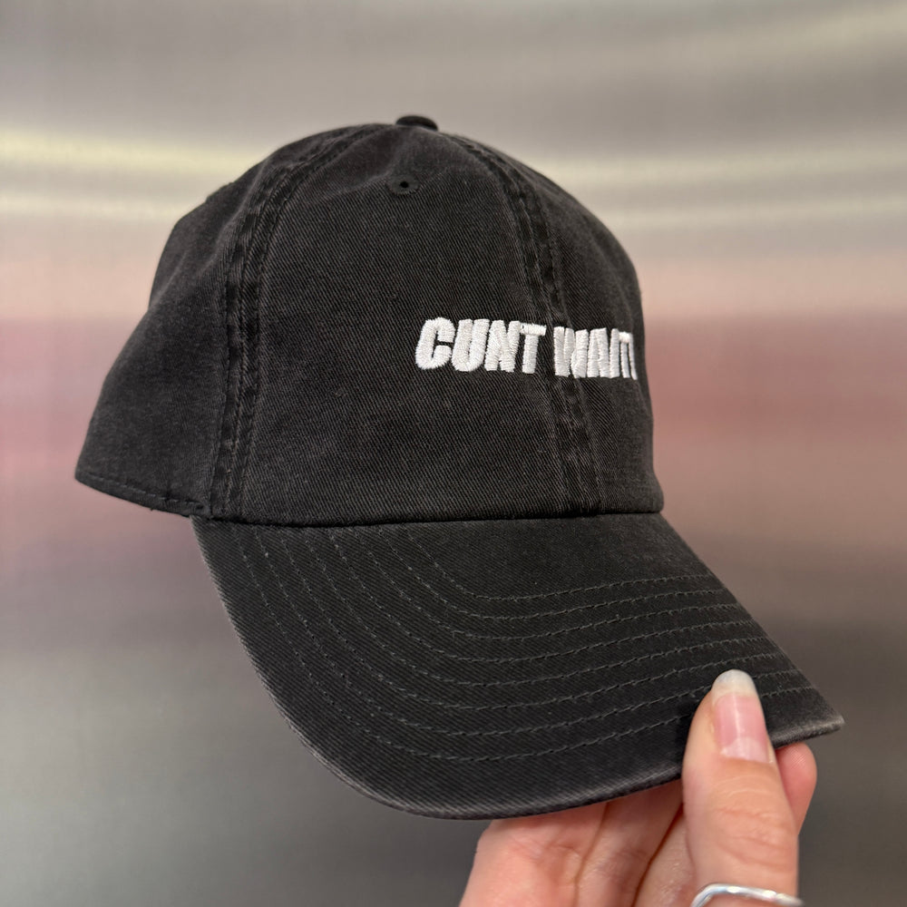 CUNT WAIT WASHED BLACK CAP WITH WHITE SIGN