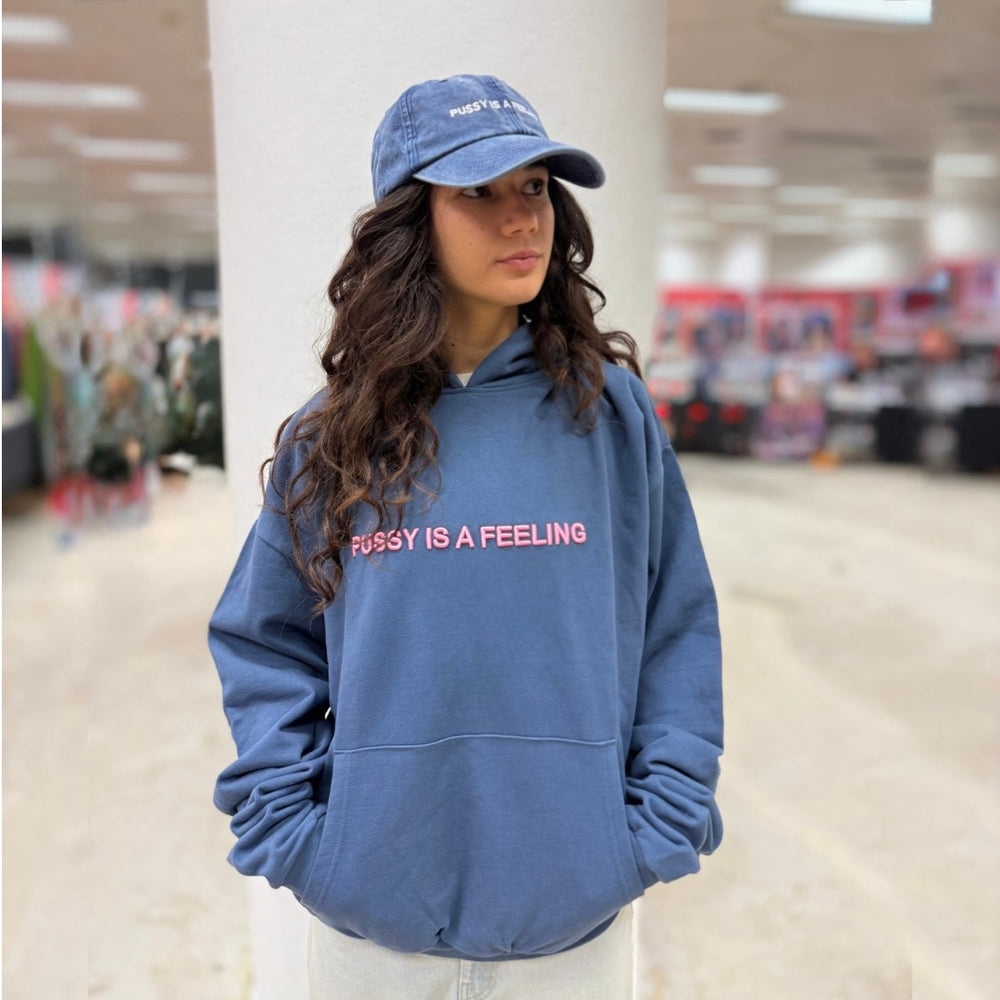 PUSSY IS A FEELING Oversized Hoodie in Vintage Blue with Pink