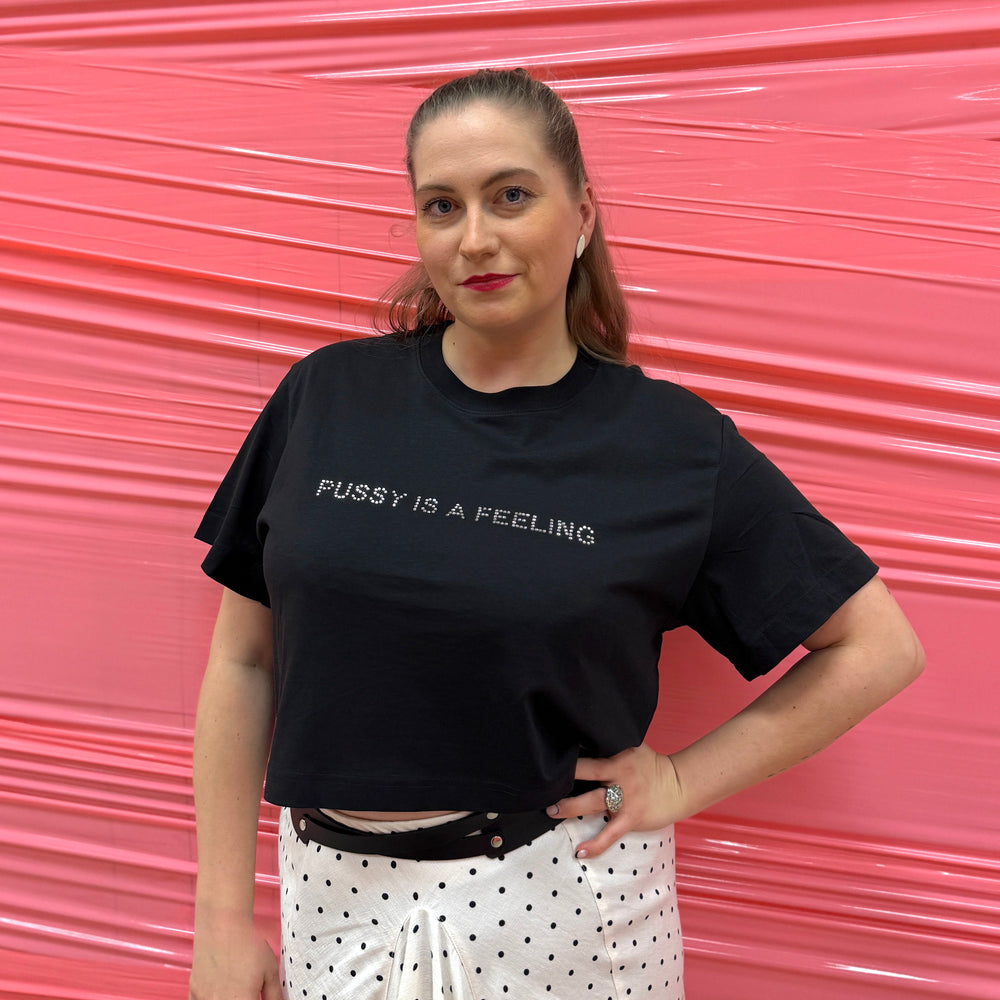 PUSSY IS A FEELING CROP TOP T-SHIRT WITH RHINESTONES
