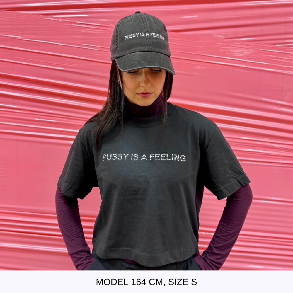 PUSSY IS A FEELING CROP TOP T-SHIRT WITH RHINESTONES