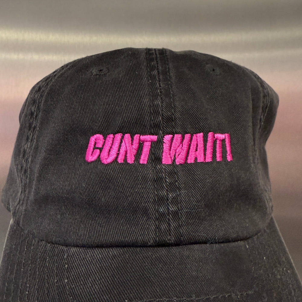 CUNT WAIT WASHED BLACK CAP WITH MAGENTA SIGN