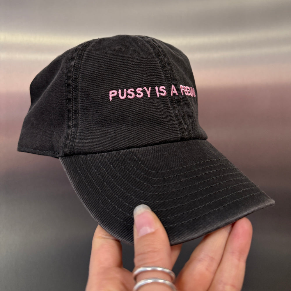 PUSSY IS A FEELING šiltovka v sivej "vypranej" farbe s bledoružovým nápisom