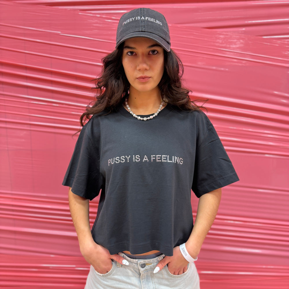 PUSSY IS A FEELING CROP TOP T-SHIRT WITH RHINESTONES