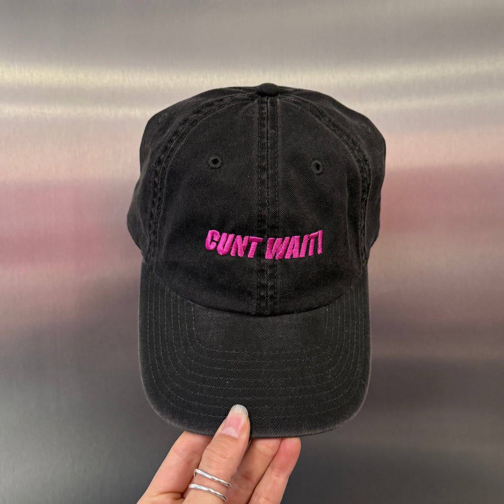 CUNT WAIT WASHED BLACK CAP WITH MAGENTA SIGN