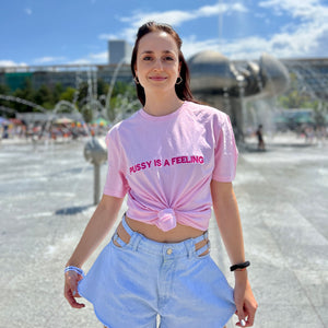 PUSSY IS A FEELING PINK T-SHIRT WITH EMBROIDERED SIGN