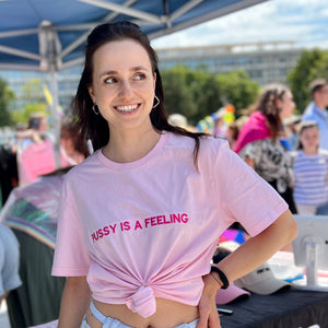 PUSSY IS A FEELING PINK T-SHIRT WITH EMBROIDERED SIGN