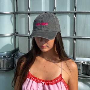 CUNT WAIT WASHED BLACK CAP WITH MAGENTA SIGN