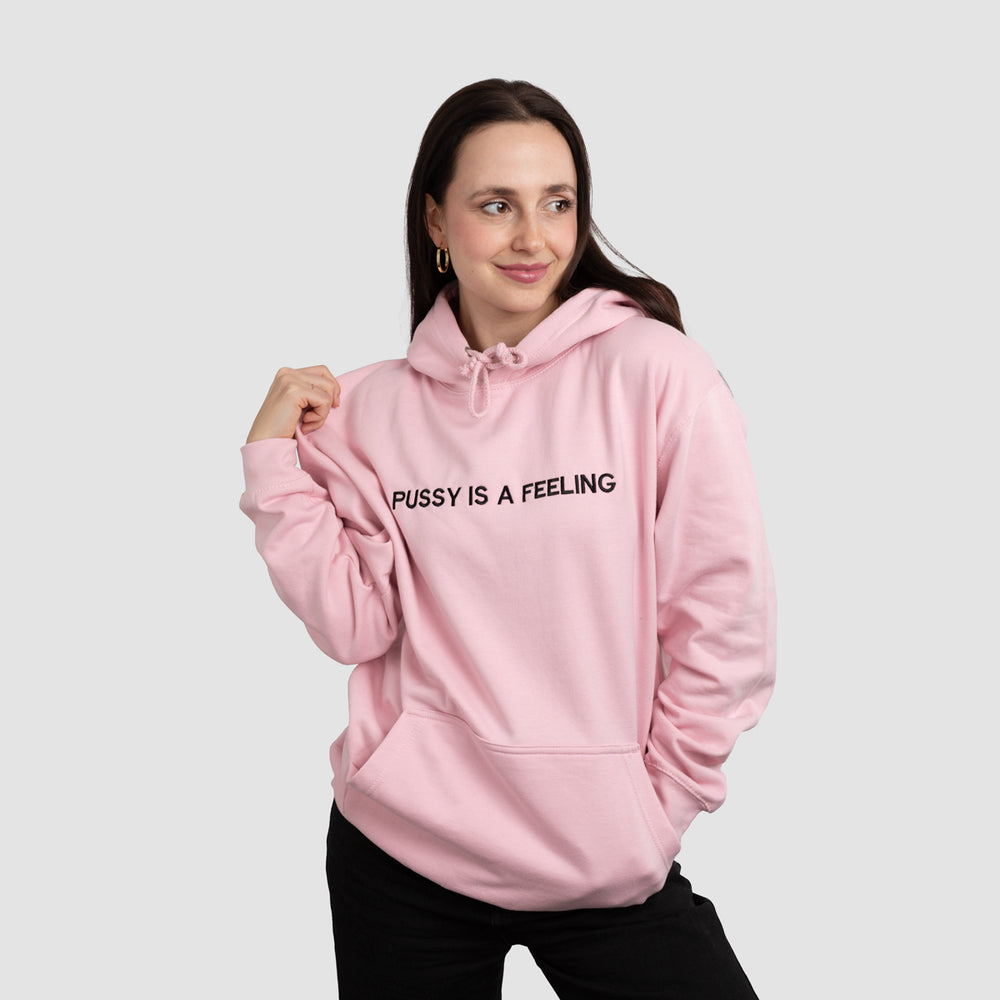 PUSSY IS A FEELING bledoružová mikina s čiernou výšivkou