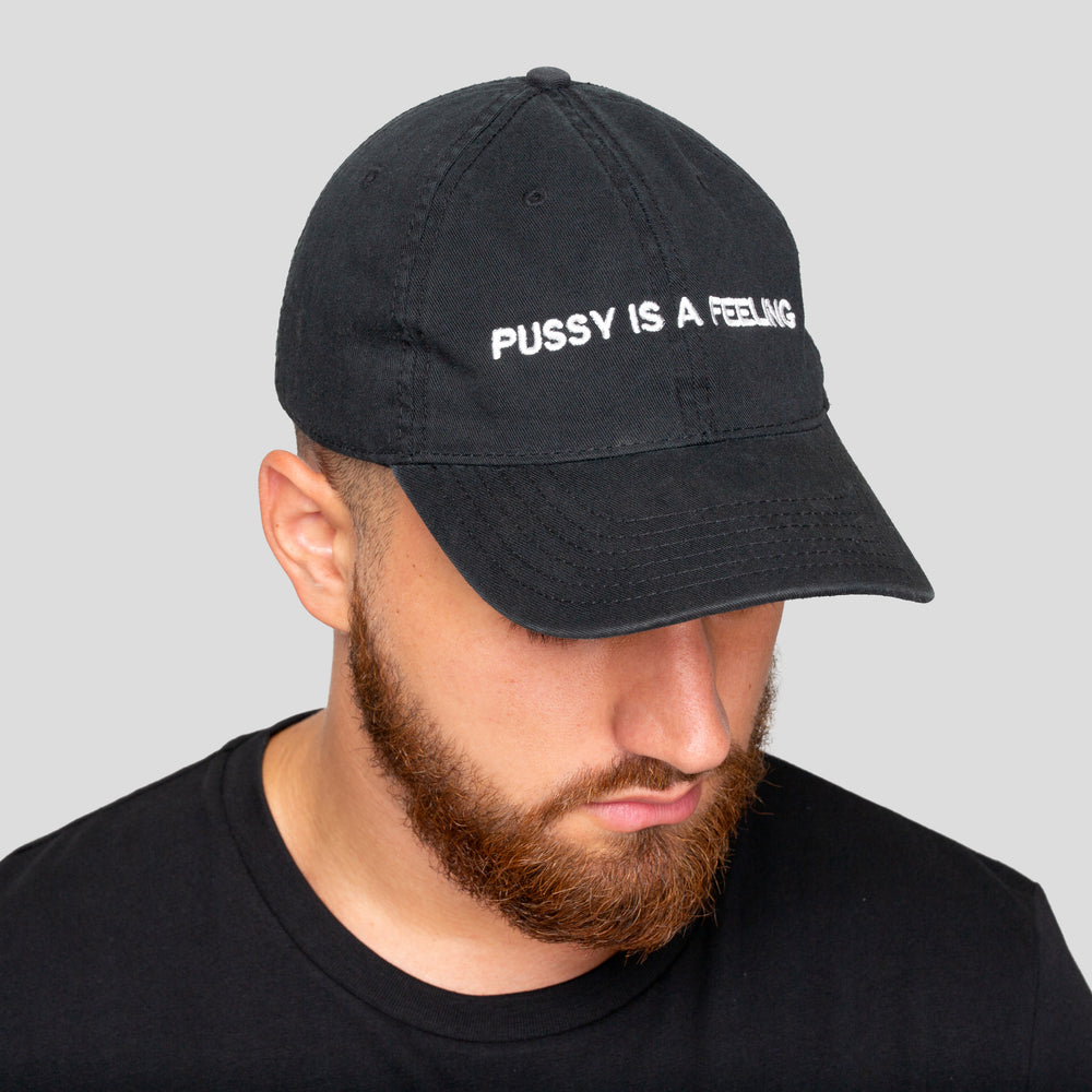 Pussy is a feeling dad cap for summer by Identities queer clothing brand.