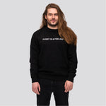 Black crewneck sweater with white PUSSY IS A FEELING embroidery designed by Identities Brand.