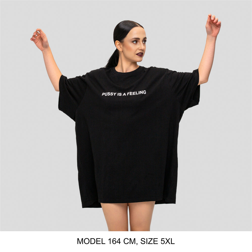 Black short-sleeved T-shirt with white PUSSY IS A FEELING print designed by Identities Brand.