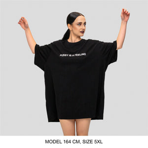 Black short-sleeved T-shirt with white PUSSY IS A FEELING print designed by Identities Brand.