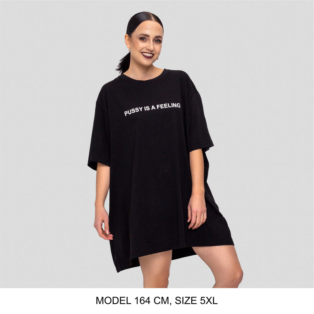 Black short-sleeved T-shirt with white PUSSY IS A FEELING print designed by Identities Brand.