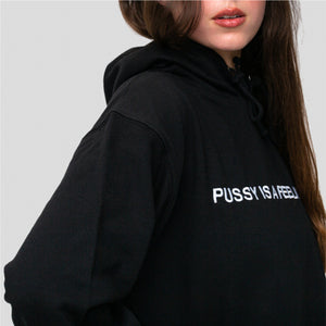 Black hoodie with white PUSSY IS A FEELING embroidery designed by Identities Brand.