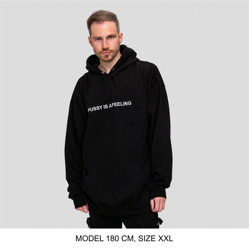 Black hoodie with white PUSSY IS A FEELING embroidery designed by Identities Brand.