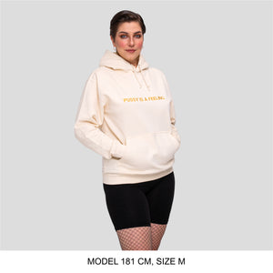 Vanilla hoodie with golden PUSSY IS A FEELING embroidery designed by Identities Brand.