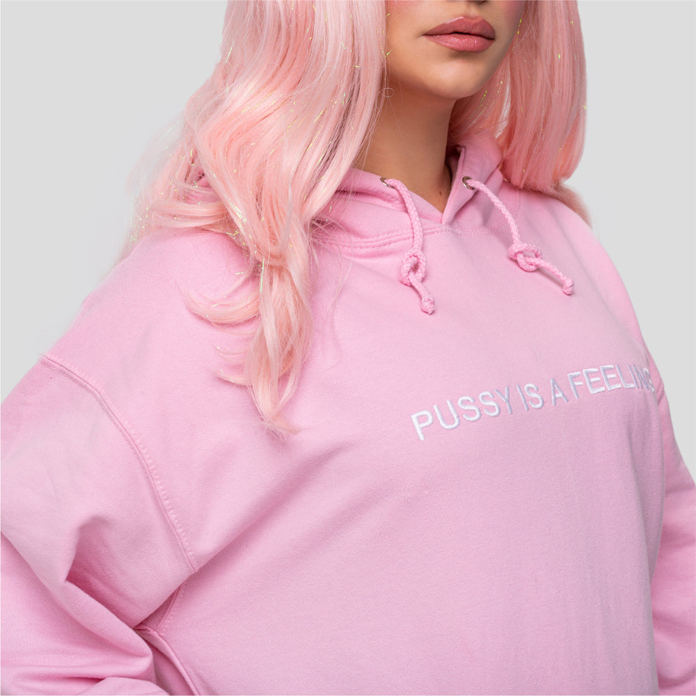 Detail of a baby pink hoodie with white PUSSY IS A FEELING embroidery designed by Identities Brand.