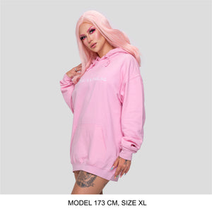 Baby pink hoodie with white PUSSY IS A FEELING embroidery designed by Identities Brand.