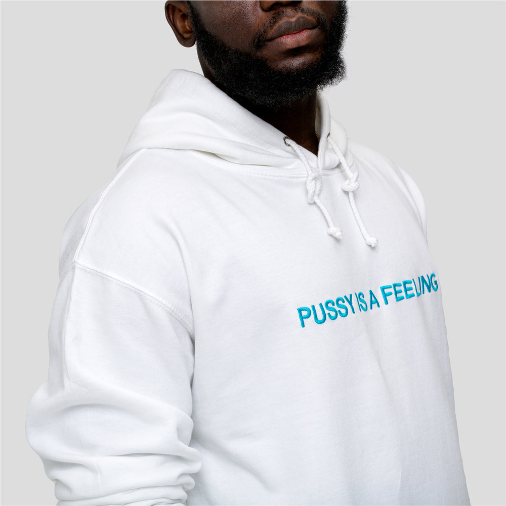 
            
                Load image into Gallery viewer, White hoodie with turquoise PUSSY IS A FEELING embroidery designed by Identities Brand.
            
        