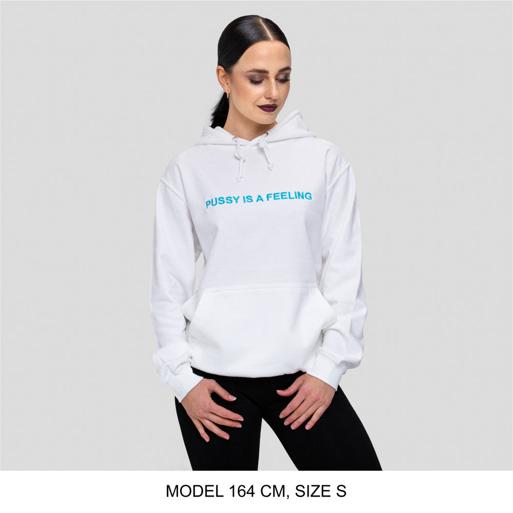 
            
                Load image into Gallery viewer, White hoodie with turquoise PUSSY IS A FEELING embroidery designed by Identities Brand.
            
        