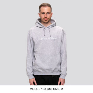 Gray hoodie with white PUSSY IS A FEELING embroidery designed by Identities Brand.