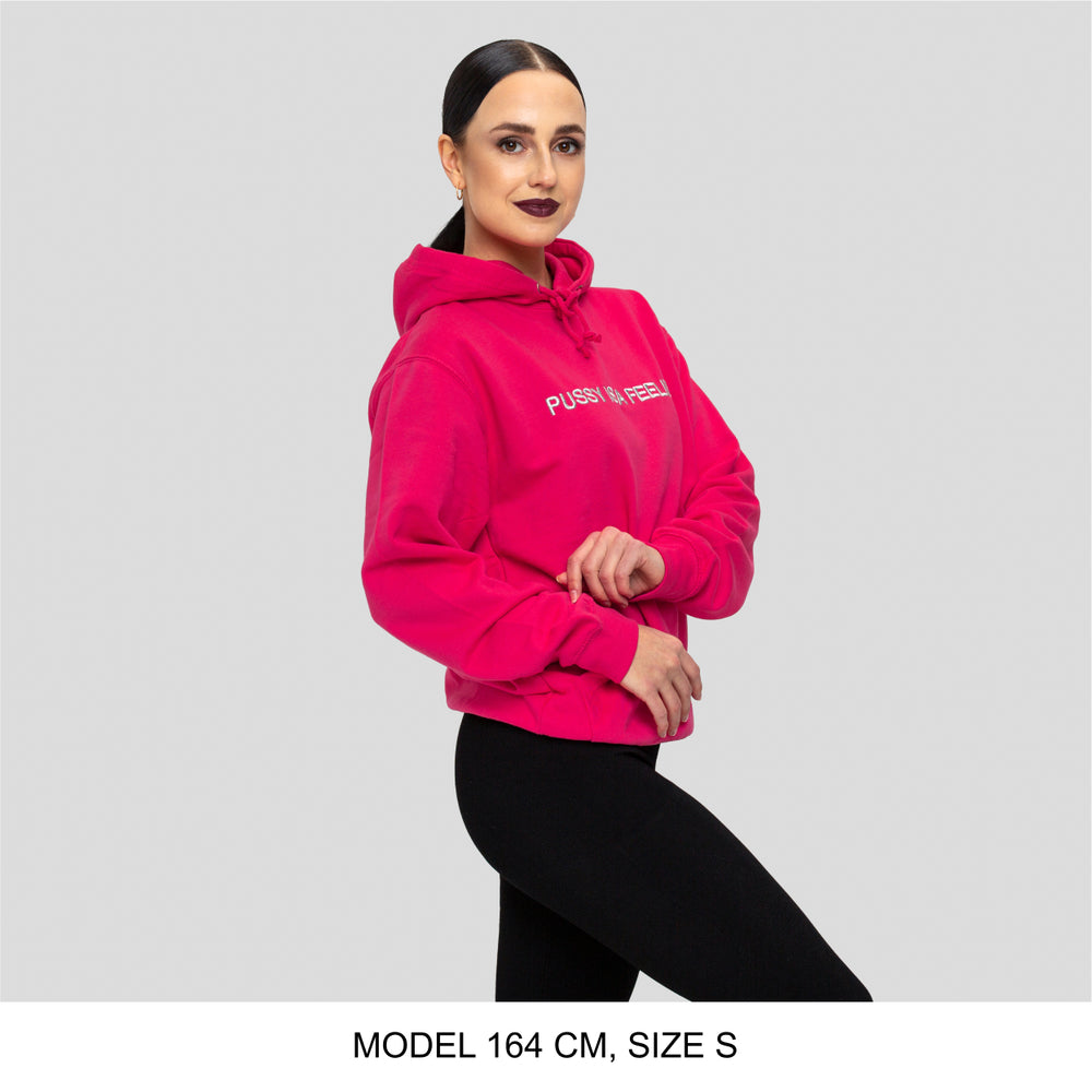 
            
                Load image into Gallery viewer, Hot pink hoodie with silver PUSSY IS A FEELING embroidery designed by Identities Brand.
            
        