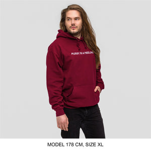 Burgundy hoodie with white PUSSY IS A FEELING embroidery designed by Identities Brand.