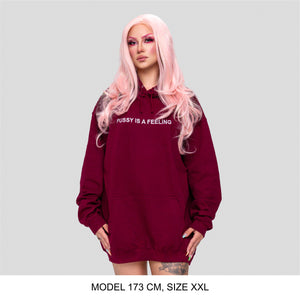 Burgundy hoodie with white PUSSY IS A FEELING embroidery designed by Identities Brand.