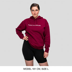 Burgundy hoodie with white PUSSY IS A FEELING embroidery designed by Identities Brand.