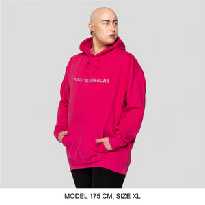 
            
                Load image into Gallery viewer, Hot pink hoodie with silver PUSSY IS A FEELING embroidery designed by Identities Brand.
            
        