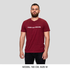 Burgundy tshirt with white PUSSY IS A FEELING embroidery designed by Identities Brand.
